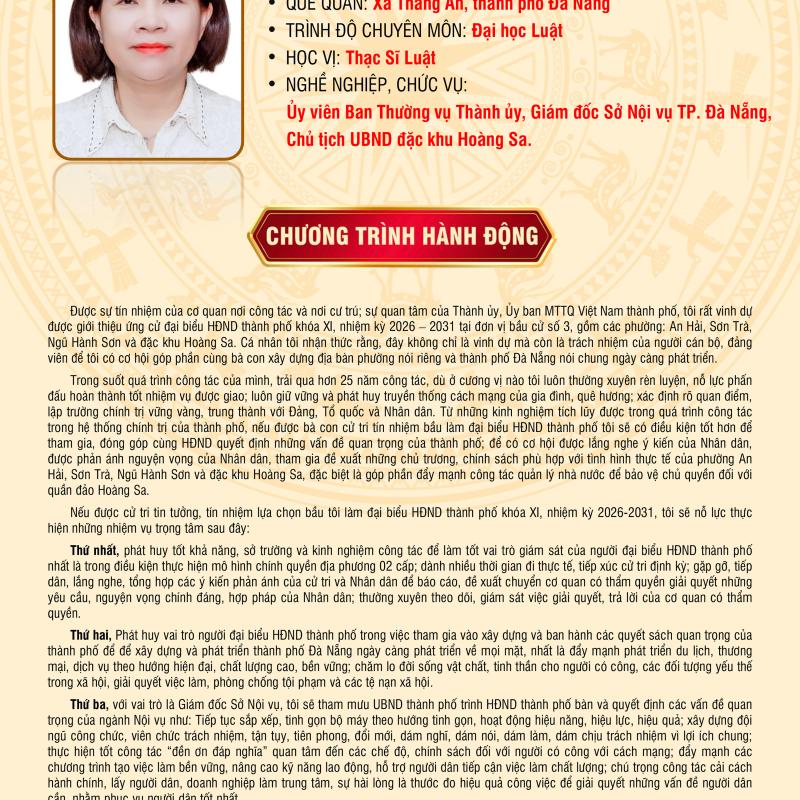 Tiểu sử tóm tắt và chương trình hành động của bà Trần Thị Kim Hoa, Ủy viên Ban Thường vụ Thành ủy, Giám đốc Sở Nội vụ thành phố Đà Nẵng, Chủ tịch UBND đặc khu Hoàng Sa